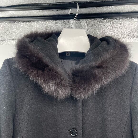 S by Searle Women’s Black Wool Cashmere Coat w/ Fox Fur Hood Trim Size 6 - Picture 10 of 17